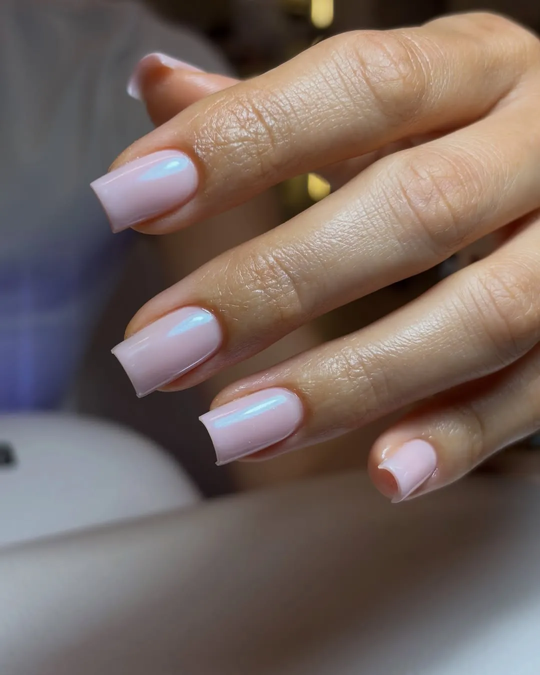 Long square gel nails in a pearly pink finish, by Urban Chic Beauty Lounge in Limassol